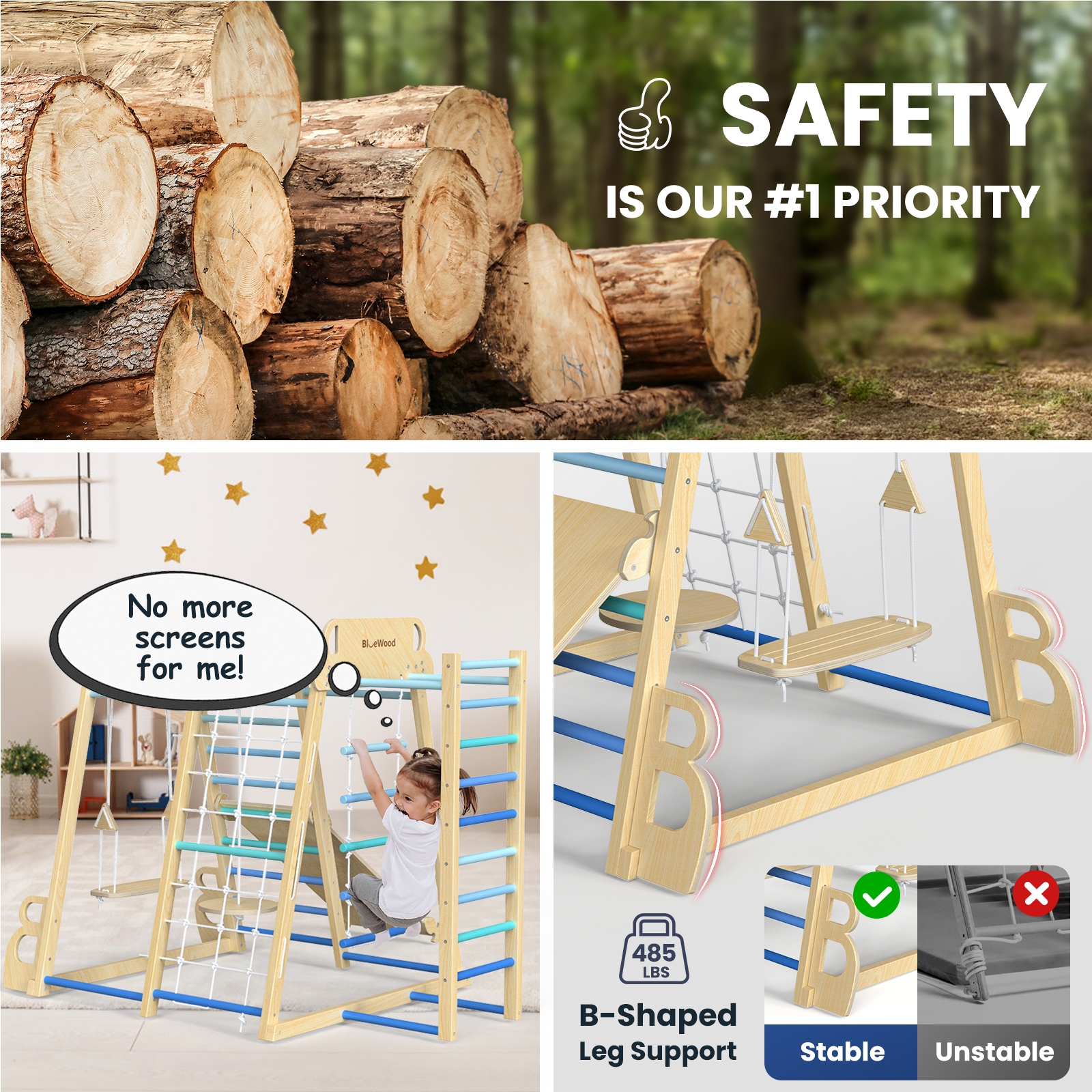 Safari Land - Juegos de columpios para gimnasios de jungla de interior BlueWood®*Azul degradado